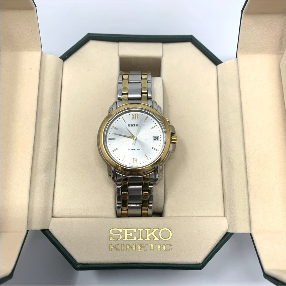 Vintage Seiko Kinetic Mens Watch SKH640 90’s Stainless TwoTone Silver Gold Color